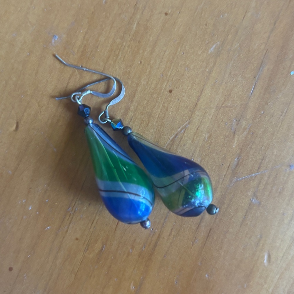 Blown glass green and blue orb earrings